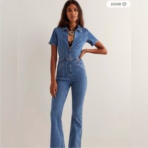 Free People We the Free Jayde Denim Short-Sleeve Zip-Front Jumpsuit
